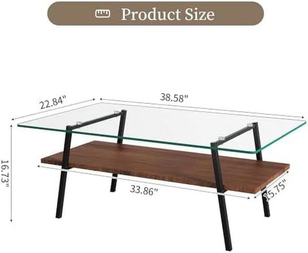 HBBOOMLIFE Glass Coffee Table Mid Century 2 Tier Rectangle Accent Table Tempered Glass Top & Wood Center Table for Living Room Apartment Small Space (Brown Glass/Coffee Brown) - Image 2