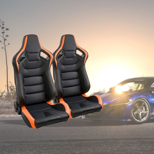 Racing Seats, 2PCS Universal PVC Leather Racing Seats with Dual Lock Sliders, Reclining Design & Front-Back Adjustable Seats (Black&Orange) - Image 2