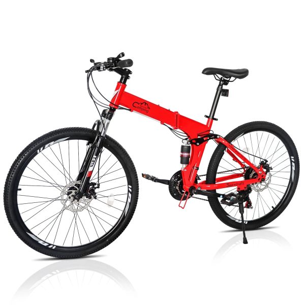 iRerts Mountain Bike, 26 Inch Folding Adult Mountain Bike with 21 Speed, Dual Disc Brakes, Cushion Height Adjustment, Carbon Steel Mountain Bicycles for Men Women Adults, Red/Black - Image 9