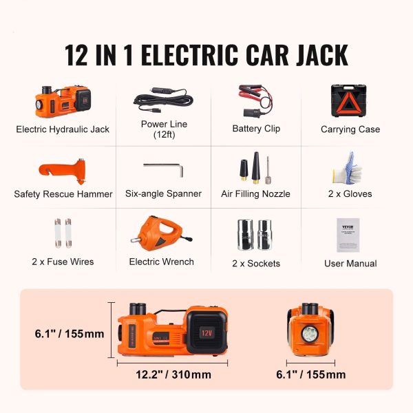 VEVOR Electric Car Jack, 5 Ton 12V Electric Hydraulic Car Jack with Impact Wrench Inflator Pump for SUV Sedans - Image 7