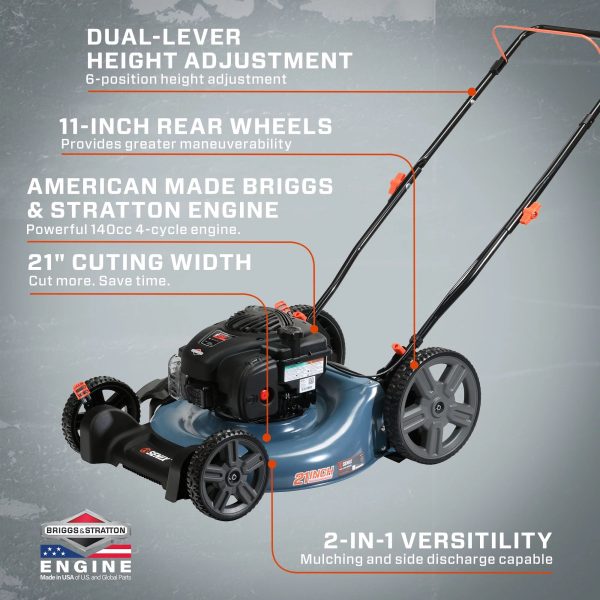 Senix Gas Push Lawn Mower, 21-Inch, 140 cc 4-Cycle Briggs & Stratton Engine, 2-in-1 Push Lawnmower, 6-Position Height Adjustment with Folding Capability, LSPG-M6 - Image 2