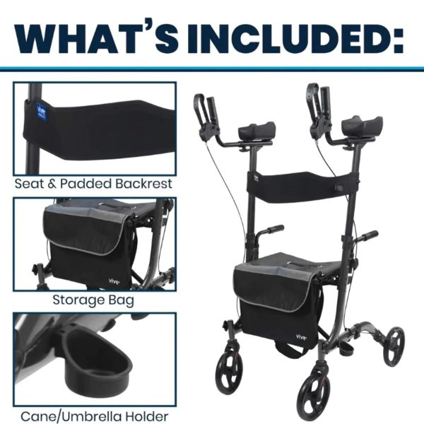 Vive Mobility Upright Walker with Seat, Standing Rollator, Foldable, Red - Image 6