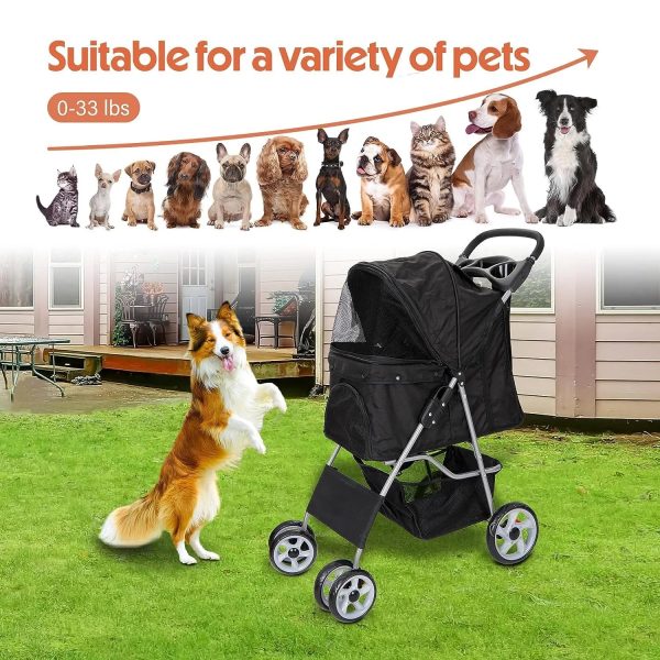 Foldable Pet Stroller, Cat/Dog Stroller with 4 Wheel, Pet Travel Carrier Strolling Cart with Storage Basket, Cup Holder, Black - Image 4