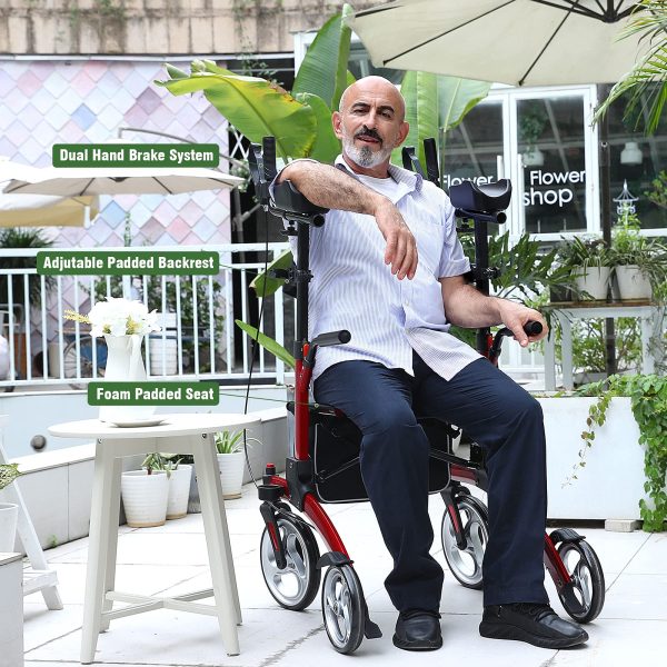 Healconnex Upright Rollator Walkers for Seniors- Stand up Rolling Walker with Seats and 10" Wheels, Padded Armrest and Backrest,Tall Rolling Mobility Aid with Basket, Foam Handle to Stand up - Image 3