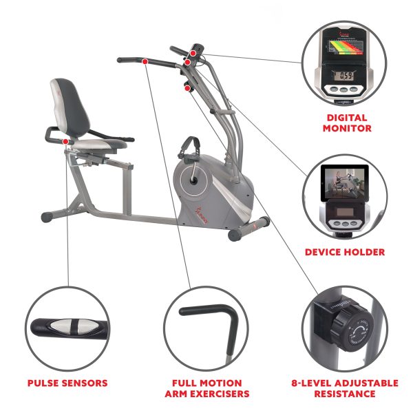 Sunny Health & Fitness Cross Trainer Magnetic Recumbent Bike with Arm Exercisers - SF-RB4936 - Image 3