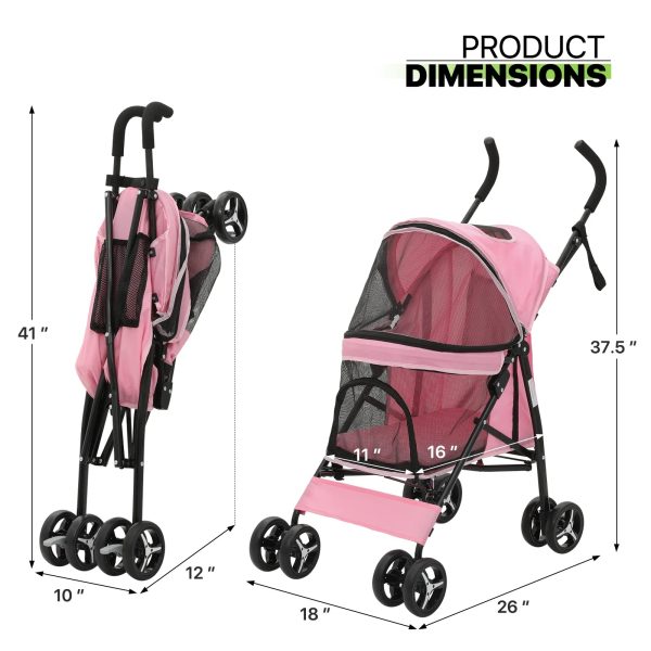 Magshion 4 Wheel Foldable Lightweight Dog Stroller for Small Medium Dogs, Pet Stroller, (Pink) - Image 10