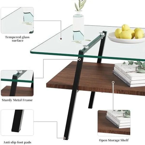 HBBOOMLIFE Glass Coffee Table Mid Century 2 Tier Rectangle Accent Table Tempered Glass Top & Wood Center Table for Living Room Apartment Small Space (Brown Glass/Coffee Brown) - Image 6