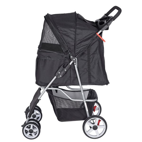 Foldable Pet Stroller, Cat/Dog Stroller with 4 Wheel, Pet Travel Carrier Strolling Cart with Storage Basket, Cup Holder, Black - Image 9