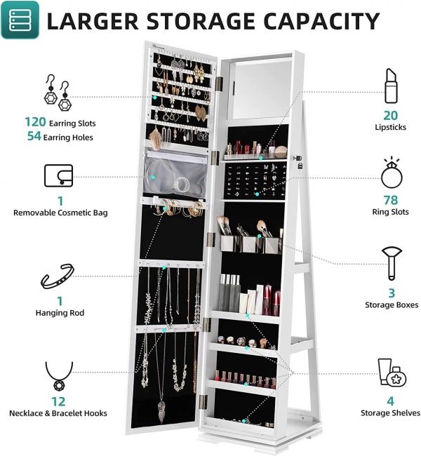 Dextrus 360° Swivel Jewelry Cabinet, Lockable Standing Jewelry Armoire with Full-Length Mirror, Rear Storage Shelves, White - Image 8