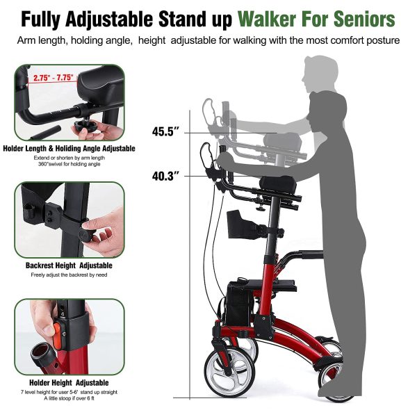 Healconnex Upright Rollator Walkers for Seniors- Stand up Rolling Walker with Seats and 10" Wheels, Padded Armrest and Backrest,Tall Rolling Mobility Aid with Basket, Foam Handle to Stand up - Image 4