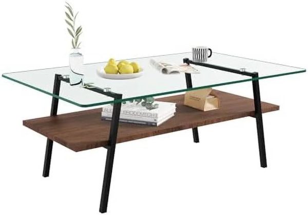 HBBOOMLIFE Glass Coffee Table Mid Century 2 Tier Rectangle Accent Table Tempered Glass Top & Wood Center Table for Living Room Apartment Small Space (Brown Glass/Coffee Brown) - Image 5