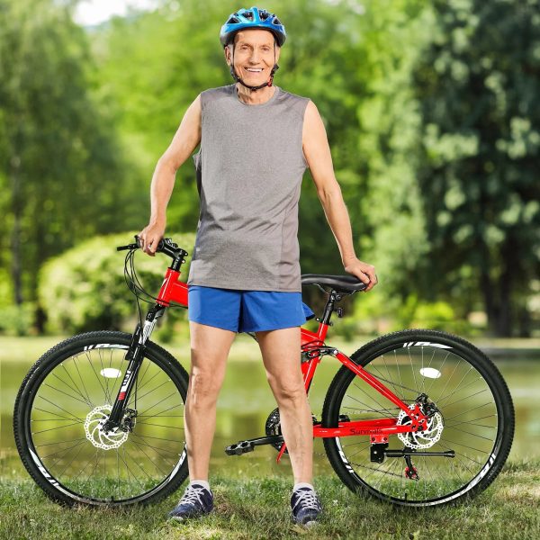 iRerts Mountain Bike, 26 Inch Folding Adult Mountain Bike with 21 Speed, Dual Disc Brakes, Cushion Height Adjustment, Carbon Steel Mountain Bicycles for Men Women Adults, Red/Black - Image 6