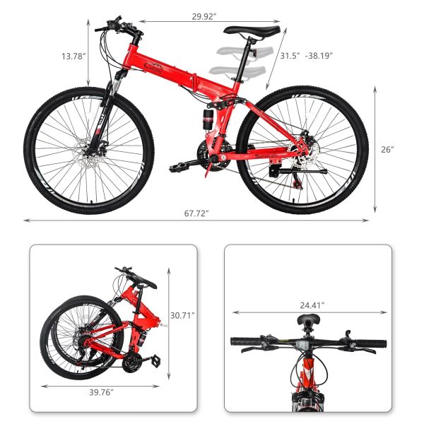 iRerts Mountain Bike, 26 Inch Folding Adult Mountain Bike with 21 Speed, Dual Disc Brakes, Cushion Height Adjustment, Carbon Steel Mountain Bicycles for Men Women Adults, Red/Black - Image 5