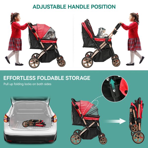Dextrus Dog Stroller for Medium Small Dogs, Upgraded Version with Larger Room, 4 Wheels Foldable Pet Stroller with 360° Rotation Wheel, Cat Kitty Puppy Stroller with Storage Basket (Red) - Image 3
