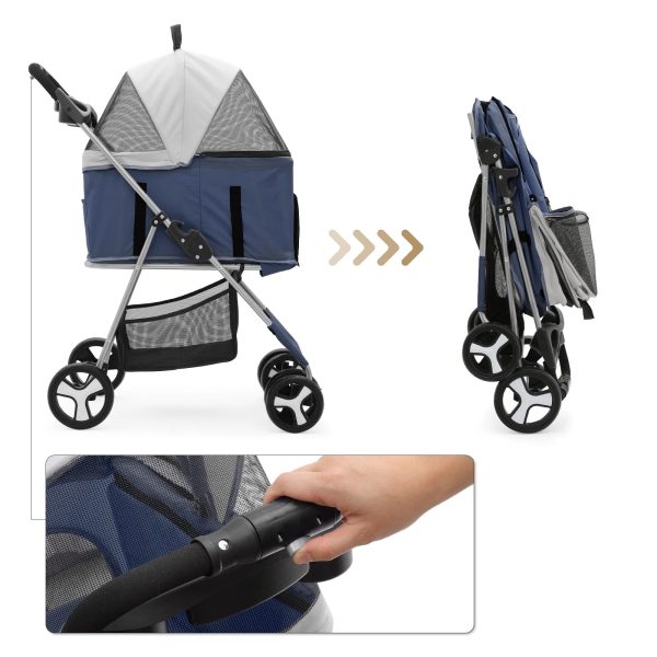 MoNiBloom 4 Wheel Foldable Dog Pet Stroller with Cup Holder, Navy Blue - Image 4