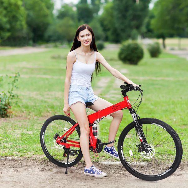 iRerts Mountain Bike, 26 Inch Folding Adult Mountain Bike with 21 Speed, Dual Disc Brakes, Cushion Height Adjustment, Carbon Steel Mountain Bicycles for Men Women Adults, Red/Black - Image 8