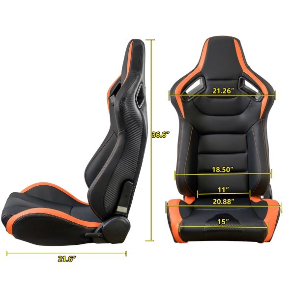 Racing Seats, 2PCS Universal PVC Leather Racing Seats with Dual Lock Sliders, Reclining Design & Front-Back Adjustable Seats (Black&Orange) - Image 6