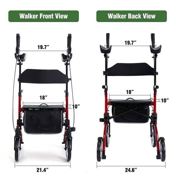 Healconnex Upright Rollator Walkers for Seniors- Stand up Rolling Walker with Seats and 10" Wheels, Padded Armrest and Backrest,Tall Rolling Mobility Aid with Basket, Foam Handle to Stand up - Image 7