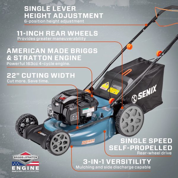 SENIX 22-Inch 163 cc 4-Cycle Gas Powered RWD Self-Propelled Lawn Mower, 3-In-1, 1-Step Start Auto Choke, Single Lever Height Adjustment, 11-In Rear Wheels, LSSG-H1 - Image 2