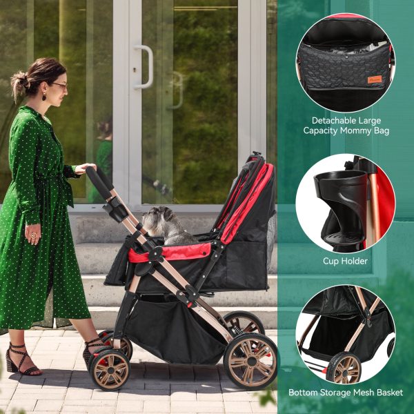 Dextrus Dog Stroller for Medium Small Dogs, Upgraded Version with Larger Room, 4 Wheels Foldable Pet Stroller with 360° Rotation Wheel, Cat Kitty Puppy Stroller with Storage Basket (Red) - Image 6