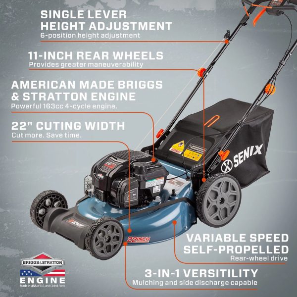 SENIX 22in 163cc 4-Cycle Gas Self-Propelled Mower, 3-in-1, Variable Speed, 11in Rear Wheels, LSSG-H2 - Image 2
