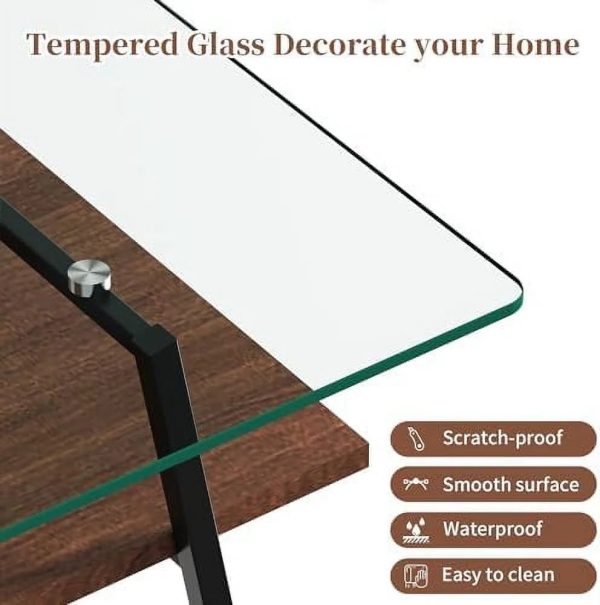 HBBOOMLIFE Glass Coffee Table Mid Century 2 Tier Rectangle Accent Table Tempered Glass Top & Wood Center Table for Living Room Apartment Small Space (Brown Glass/Coffee Brown) - Image 7