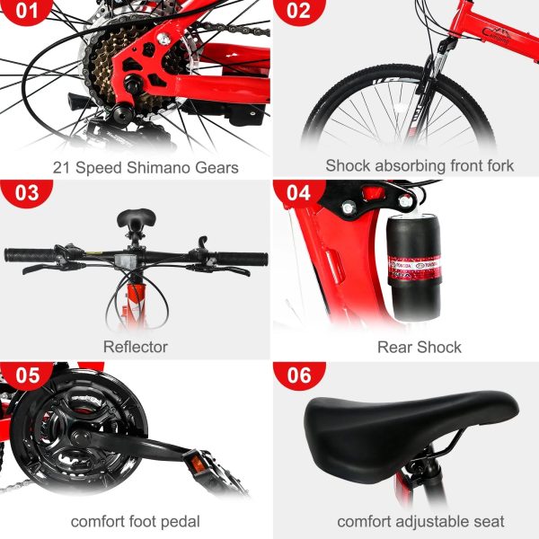 iRerts Mountain Bike, 26 Inch Folding Adult Mountain Bike with 21 Speed, Dual Disc Brakes, Cushion Height Adjustment, Carbon Steel Mountain Bicycles for Men Women Adults, Red/Black - Image 3