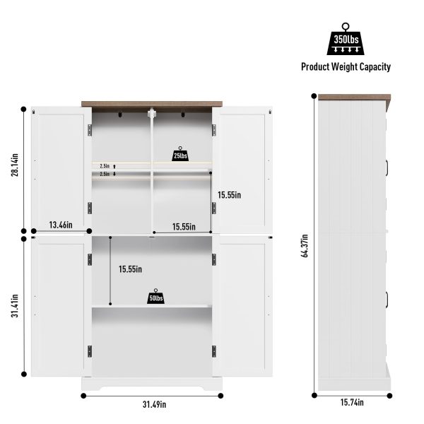 HOSTACK 64" Pantry Cabinet, Tall Kitchen Pantry Storage Cabinet, Modern Farmhouse Bathroom Storage Cabinet, Large Bookcase, 4 Doors|Adjustable Shelves, for Dining Room, Living Room, Home Office, White - Image 3