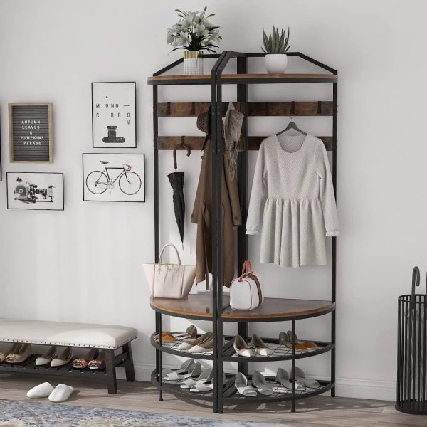 HBROLJF Corner Hall Tree with Shoe Bench Entryway Coat Rack with 10 Metal Movable Hooks Freestanding Shoes Organizer for Home Office Bedroom (Rustic Brown) - Image 3
