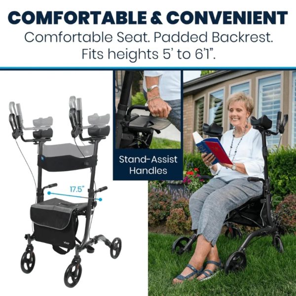 Vive Mobility Upright Walker with Seat, Standing Rollator, Foldable, Red - Image 5