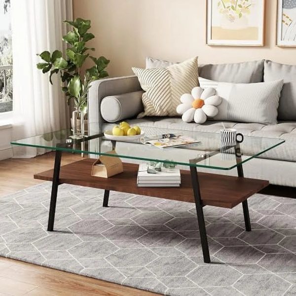 HBBOOMLIFE Glass Coffee Table Mid Century 2 Tier Rectangle Accent Table Tempered Glass Top & Wood Center Table for Living Room Apartment Small Space (Brown Glass/Coffee Brown) - Image 3