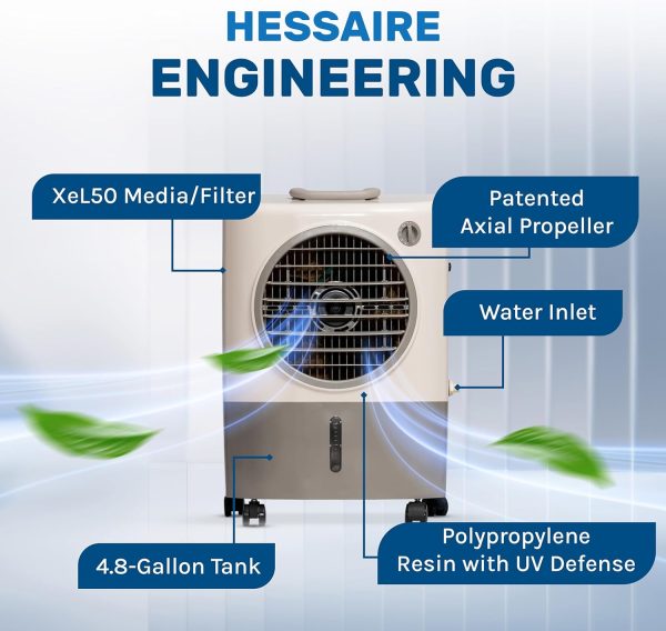 Portable Swamp Coolers - 1300 CFM MC18M Evaporative Air Cooler with 2-Speed Fan, 53.4 dB - 500 sq. ft. Coverage Evaporative Air Cooler Portable High Velocity Outdoor Cooling Fan by Hessaire - White - Image 4